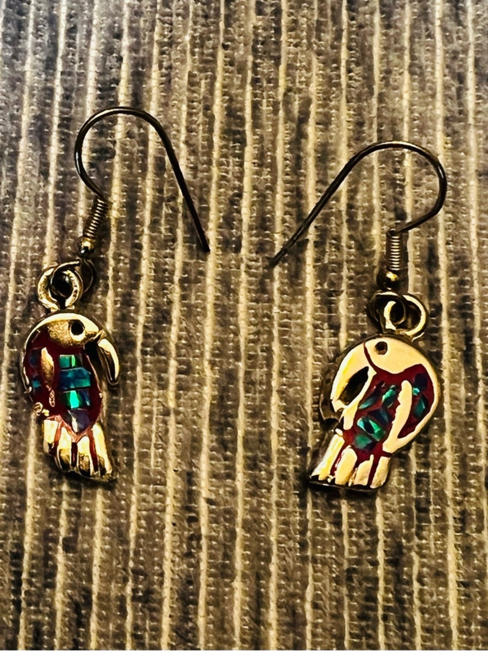 Silver Parrot Drop Earrings with Red and Teal Inlay